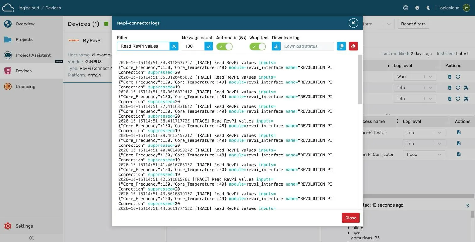 revpi-connector log with read values